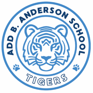 Add B. Anderson School Tigers Logo Logo for Add B. Anderson School featuring a bold blue line-art illustration of a tiger's face in the center. The text "ADD B. ANDERSON SCHOOL" encircles the top in capital letters, and "TIGERS" appears at the bottom in outlined block letters, with two small tiger paw prints on either side.