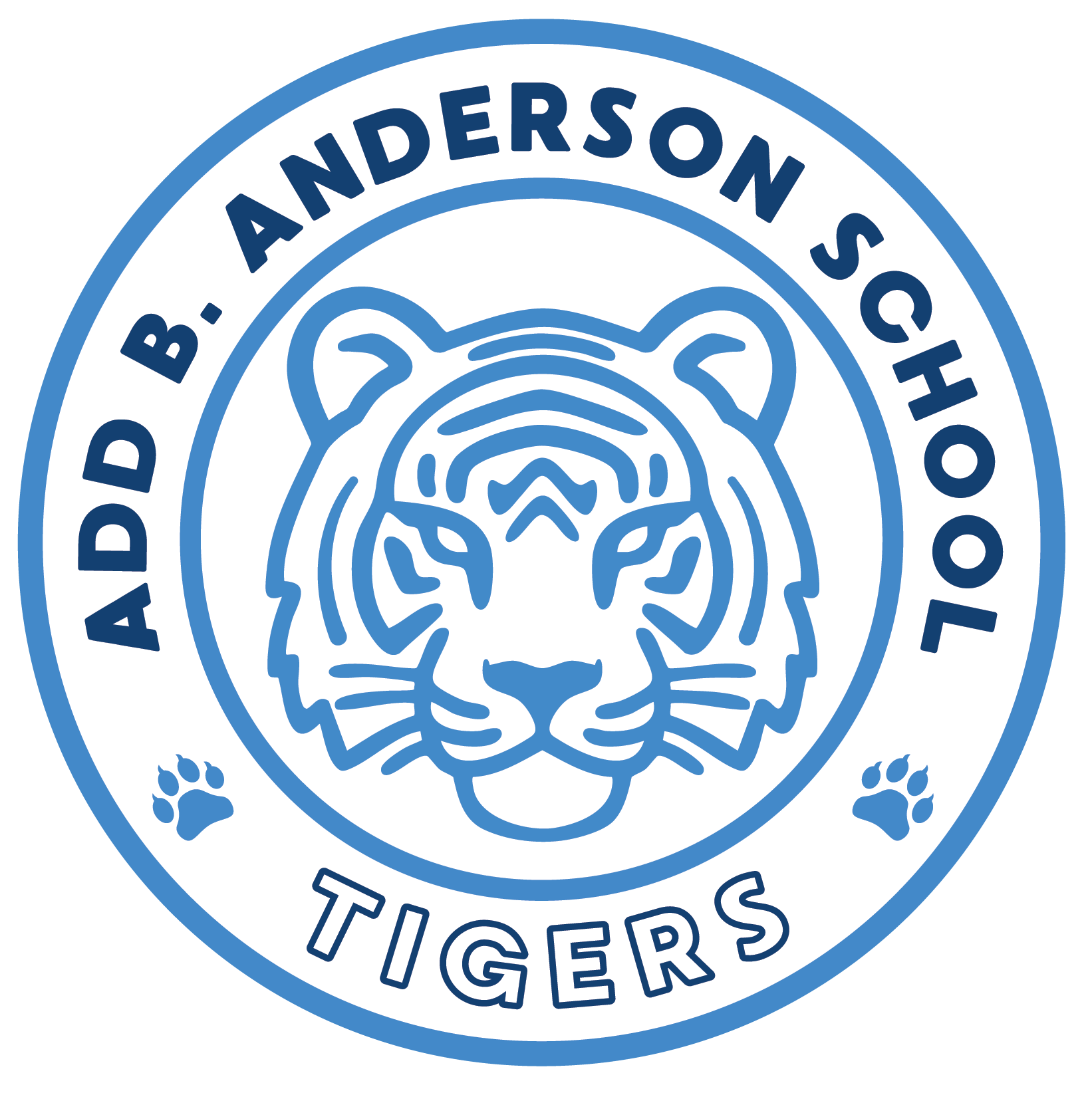 Add B. Anderson School Tigers Logo Logo for Add B. Anderson School featuring a bold blue line-art illustration of a tiger's face in the center. The text "ADD B. ANDERSON SCHOOL" encircles the top in capital letters, and "TIGERS" appears at the bottom in outlined block letters, with two small tiger paw prints on either side.